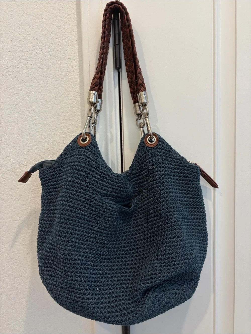 The Sak Woven Navy Double Handle Zip Crochet Bag